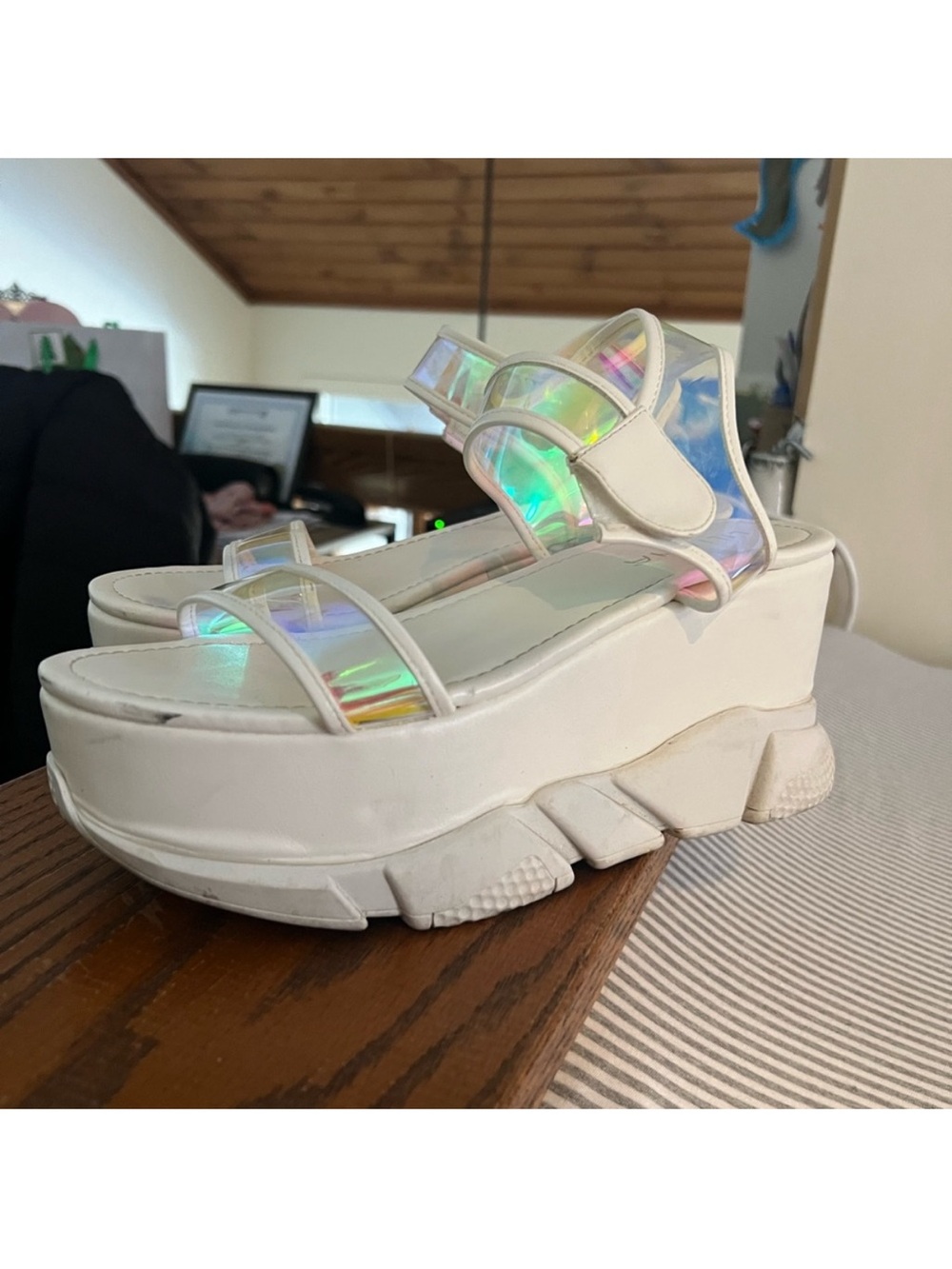 Liliana White Platform Sandals with Iridescent Straps - Picture 3 of 12